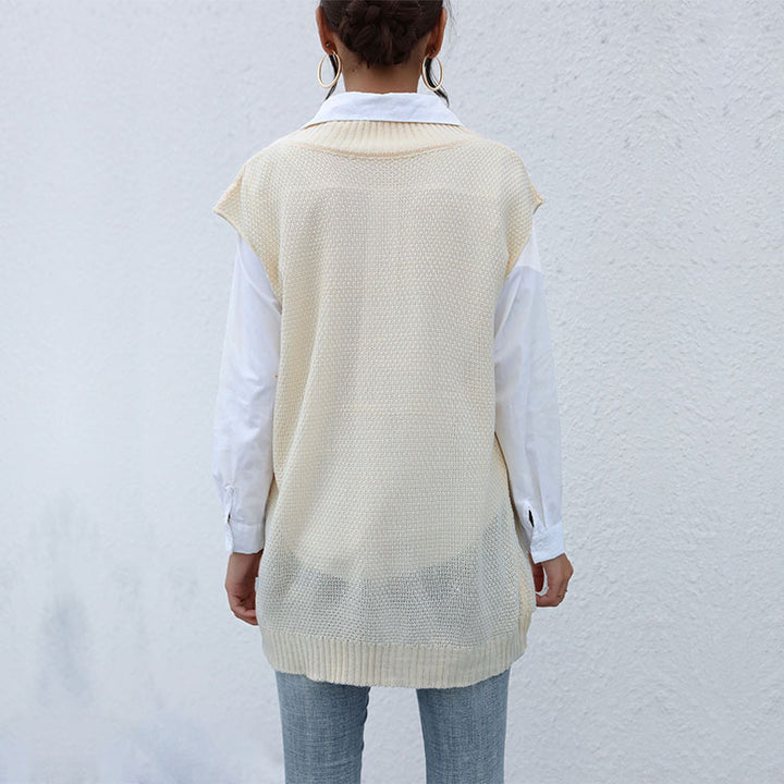 Ladies Long Knit Vest with Cable Pattern and V-Neck Mune Fashion