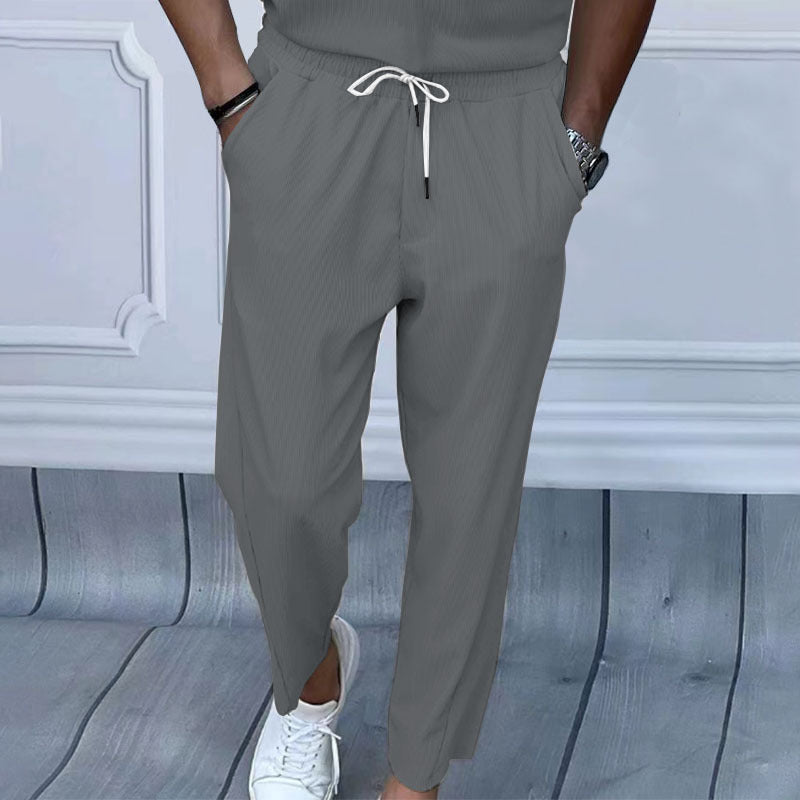 Men's Lightweight Casual Pants with Elastic Waistband, Drawstring & Fine Vertical Structure Mune Fashion
