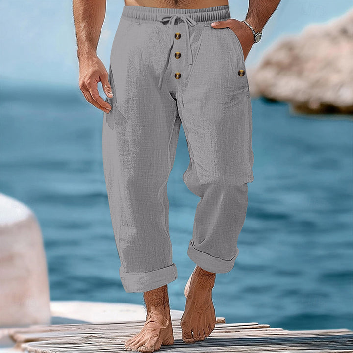 Men's casual linen-cotton pants with elastic waistband, drawstring, and rolled-up hem Mune Fashion