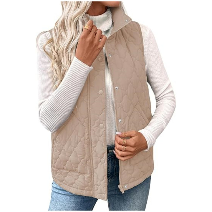 Women's quilted stand collar vest with zipper and snap buttons Mune Fashion