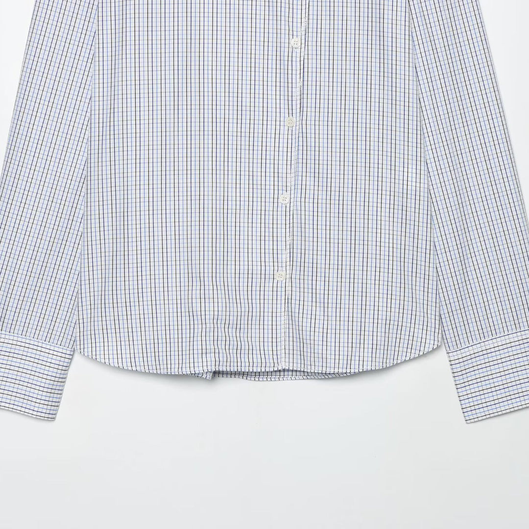 Women's Checkered Shirt with Stand Collar, Asymmetrical Button Placket and Shoulder Epaulettes Mune Fashion