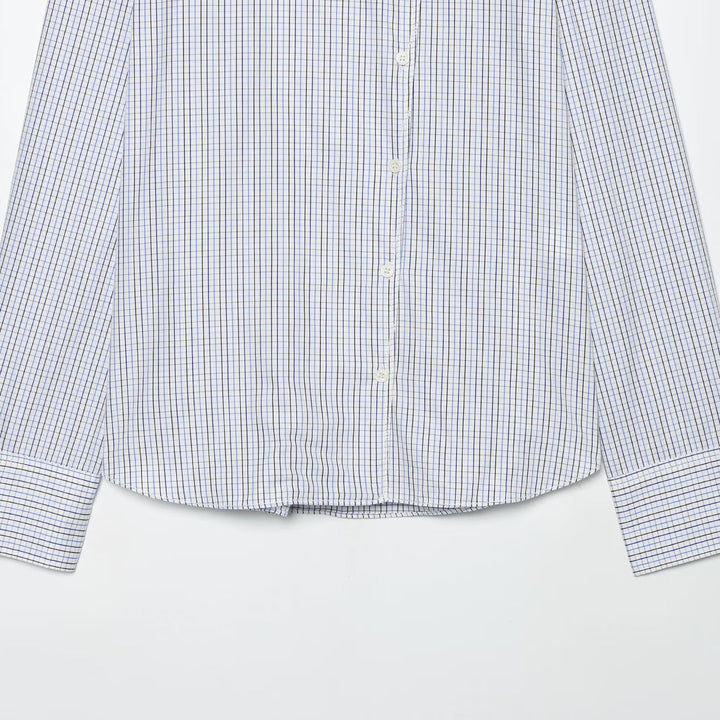 Women's Checkered Shirt with Stand Collar, Asymmetrical Button Placket and Shoulder Epaulettes Mune Fashion