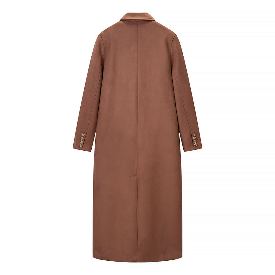 Women Double-breasted Wool-look Maxi Coat with Lapel Collar and Flap Pockets Mune Fashion