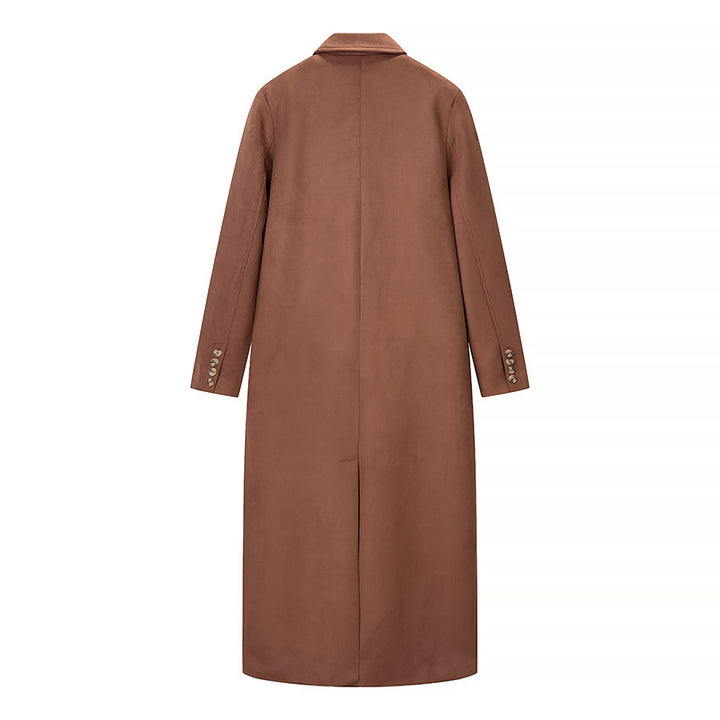 Women Double-breasted Wool-look Maxi Coat with Lapel Collar and Flap Pockets Mune Fashion