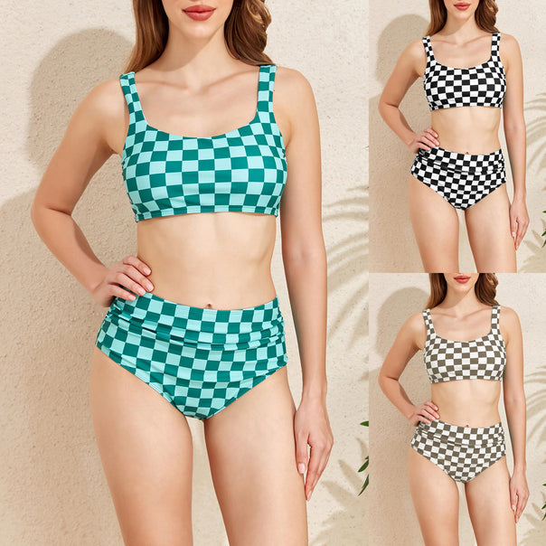 Women's High Waist Bikini Set with Checkered Design Mune Fashion