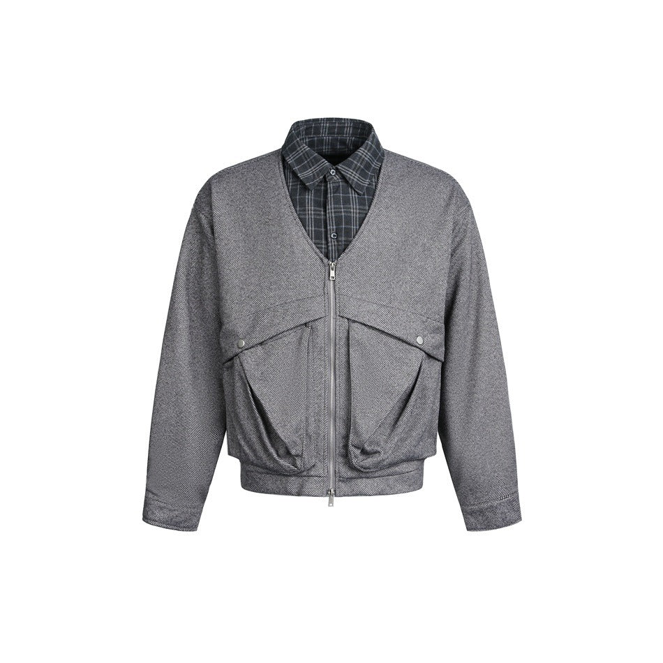 Men's short-cut layered bomber jacket with V-neck and flap pockets Mune Fashion