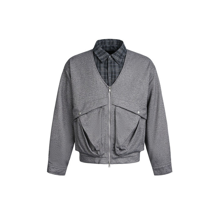 Men's short-cut layered bomber jacket with V-neck and flap pockets Mune Fashion
