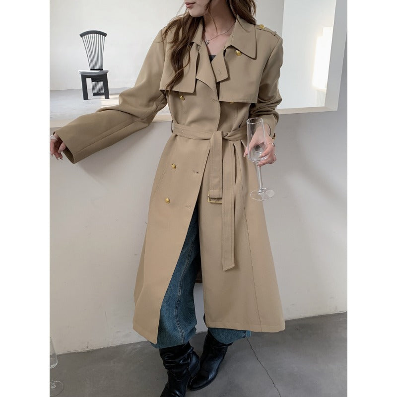 Women's Tailored Trench Coat with Tie Belt and Golden Button Details Mune Fashion