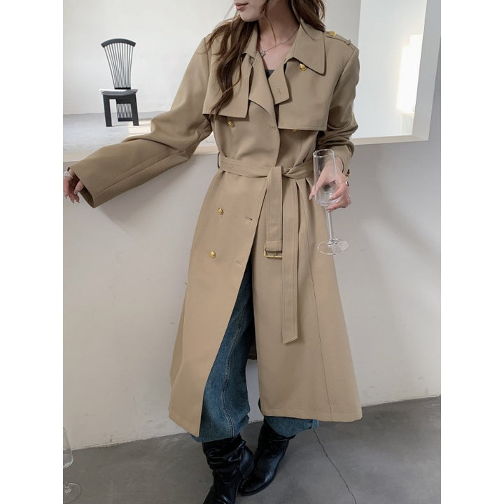 Women's Tailored Trench Coat with Tie Belt and Golden Button Details Mune Fashion
