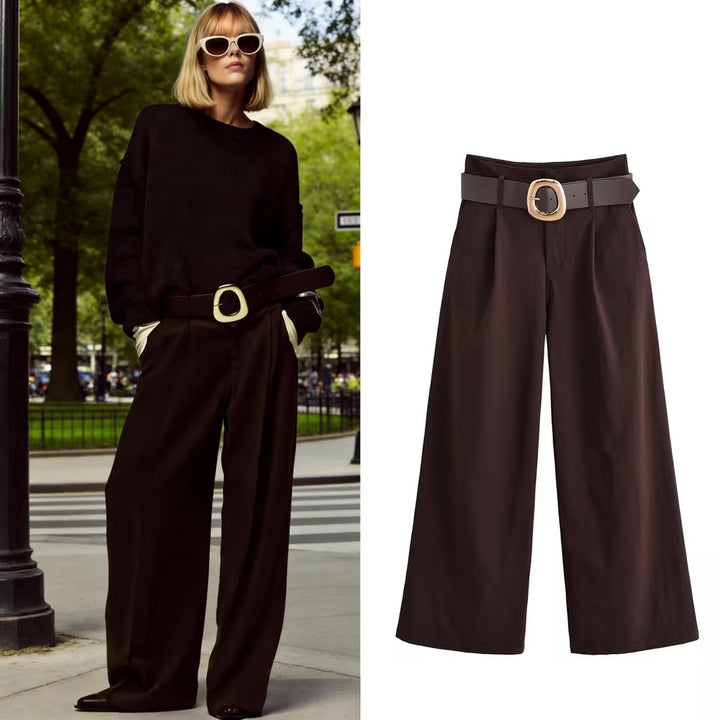 Women's high-waisted culotte pants with wide leg, pleats and statement belt Mune Fashion