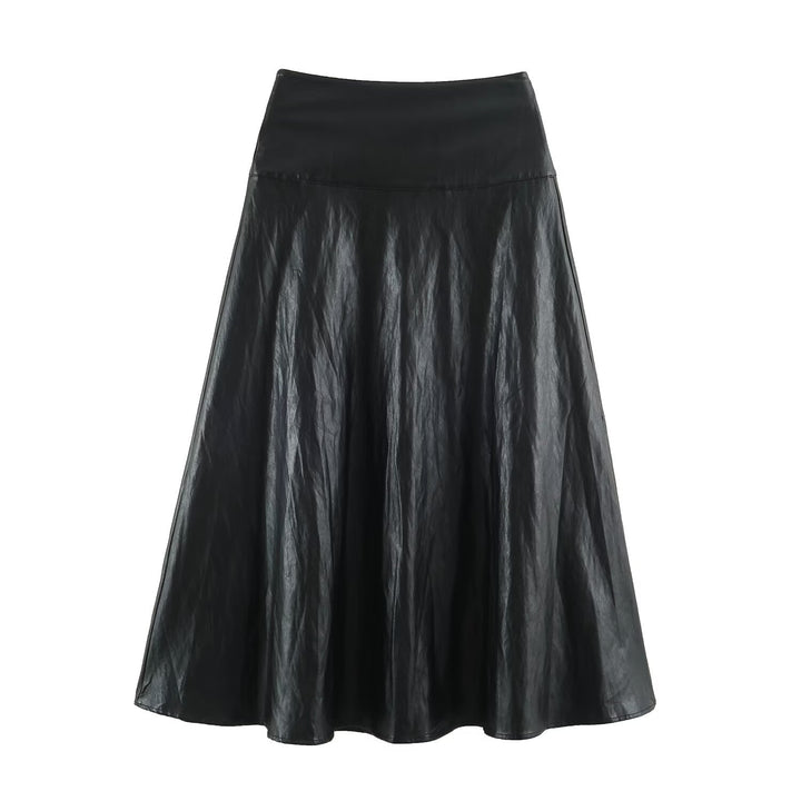 Women's midi skirt made of faux leather with a high waist and flared A-line Mune Fashion