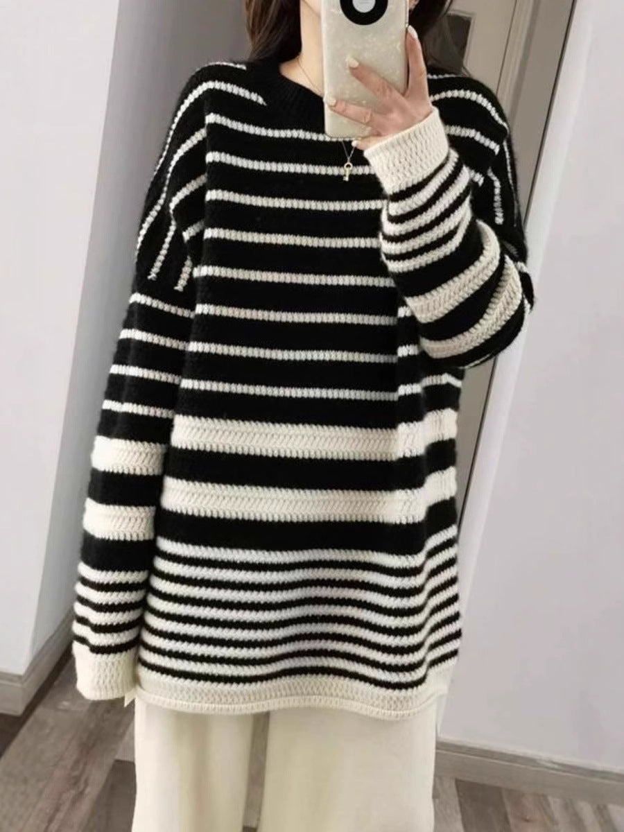 Women's oversized long pullover made of粗stripes knit with round neckline Mune Fashion