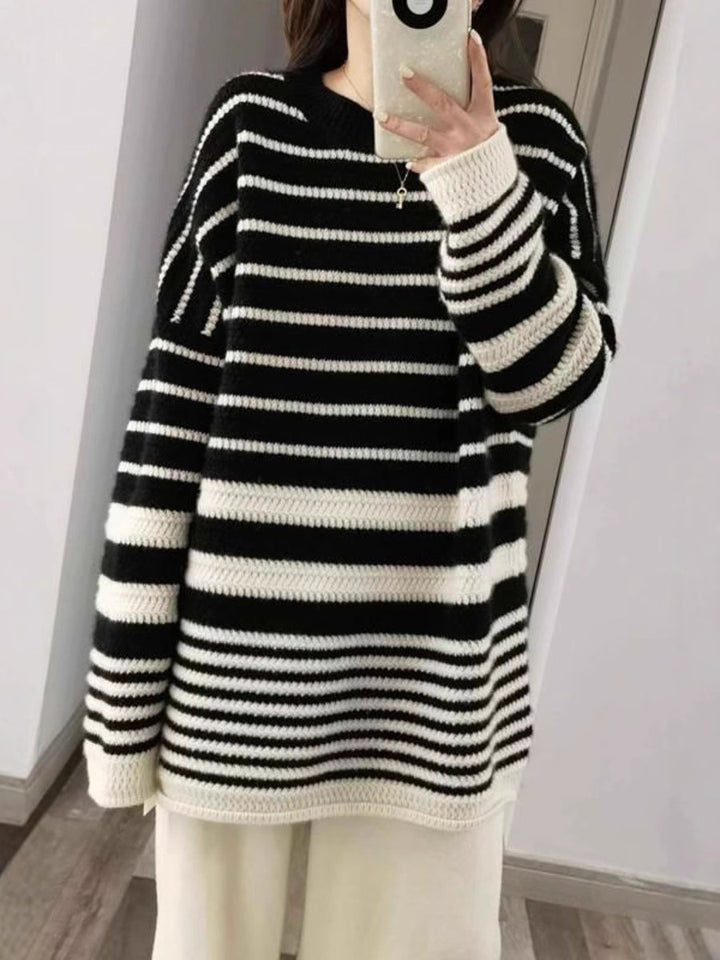 Women's oversized long pullover made of粗stripes knit with round neckline Mune Fashion