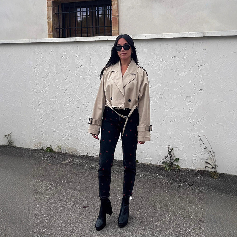 Women Short-Cut Trench-Cropped Coat with Waistbelt, Oversized Sleeves and Frayed Hem Mune Fashion