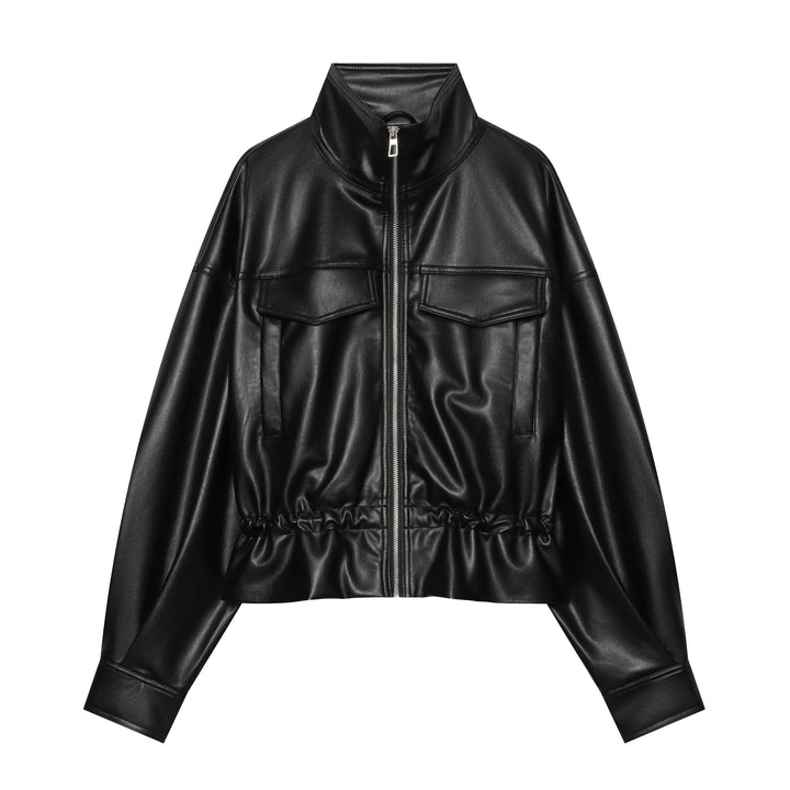 Women Cropped Faux Leather Jacket with High Stand Collar, Patch Chest Pockets and Drawstring Waist Drune