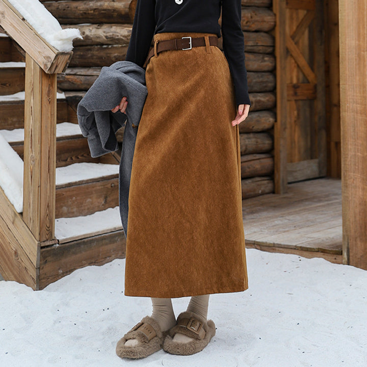 Women's A-line wool blend midi skirt with inset faux leather belt and high waistband Mune Fashion