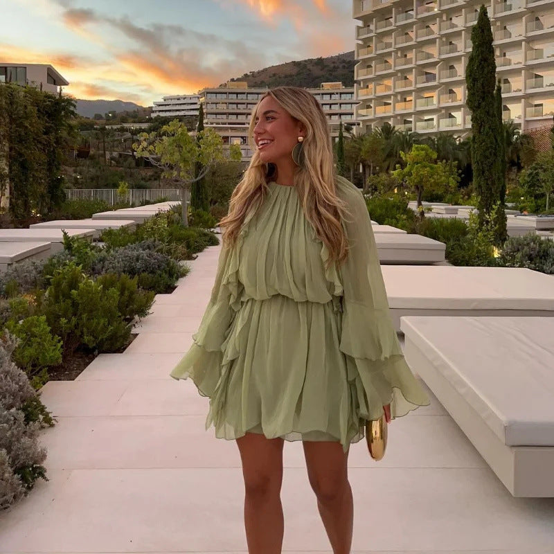 Women 70+ Ruffled Chiffon Mini Dress with High Neck, Waist Elastic and Wide Bell Sleeves Mune Fashion