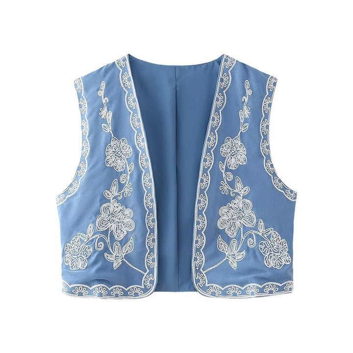 Women's embroidered short vest with floral embroidery, open front and fine hem decoration Mune Fashion