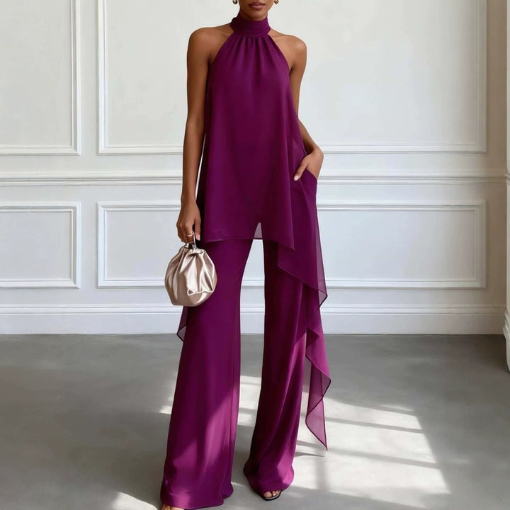 Ladies' elegant evening two-piece with gathered stand collar, asymmetrical ruffle, and flowing flared trousers Mune Fashion