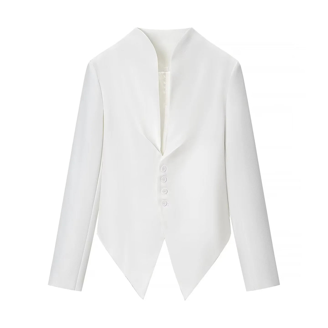 Women's fitted blazer with stand-up collar, asymmetrical pointed hem, and button placket Mune Fashion