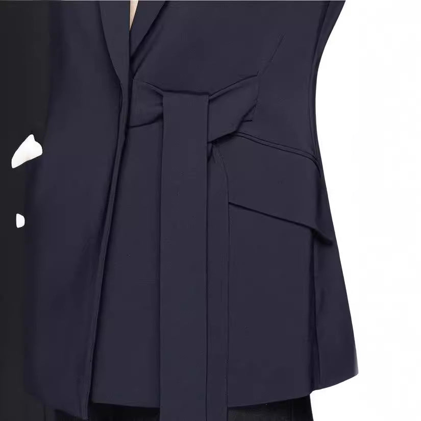 Ladies' shawl collar wrap blazer with side knot tie and patch pockets Mune Fashion