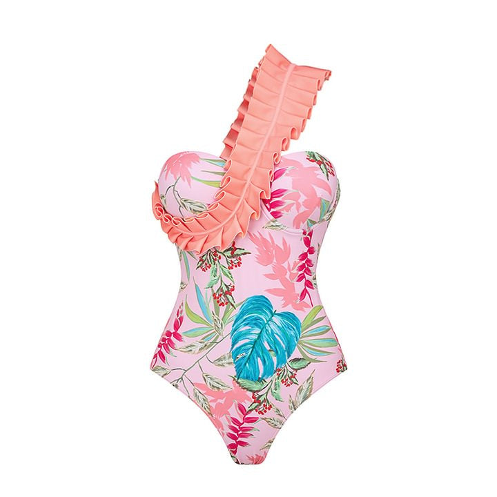 Women One-Piece Swimsuit with Stylish Ruffle Design and Floral Pattern Mune Fashion