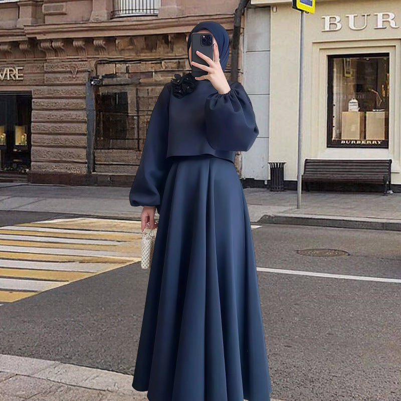 Ladies Elegant Maxi Dress with Puff Sleeves and Decorative Flower Detail Mune