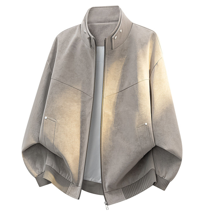 Unisex Oversize Suede-look Bomber Jacket with Stand-up Collar, Concealed Zipper & Side Pockets Mune Fashion