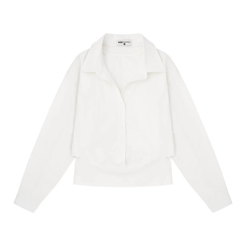 Women's cropped layered shirt with wide Kent collar and extended back Mune Fashion