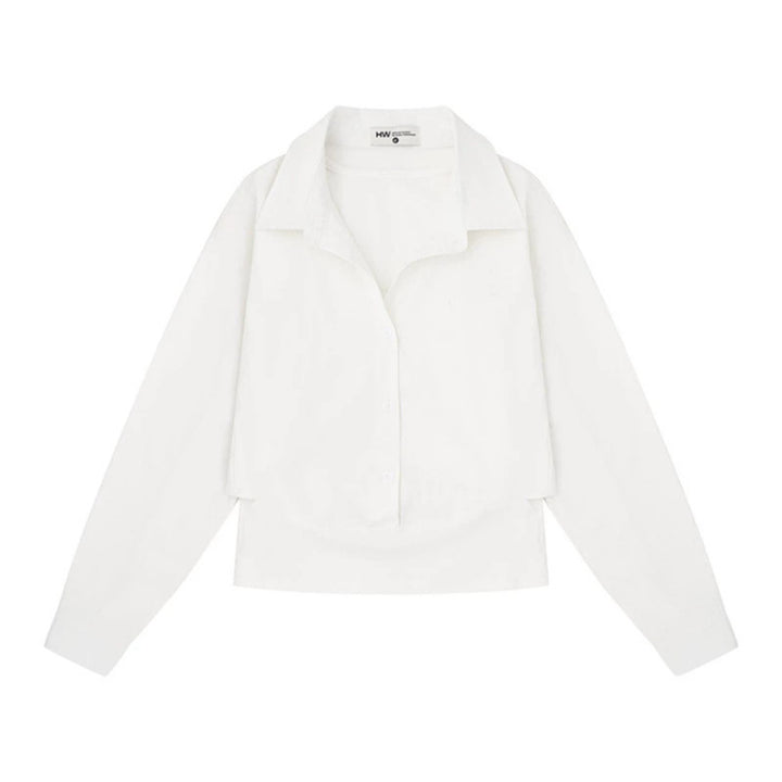 Women's cropped layered shirt with wide Kent collar and extended back Mune Fashion