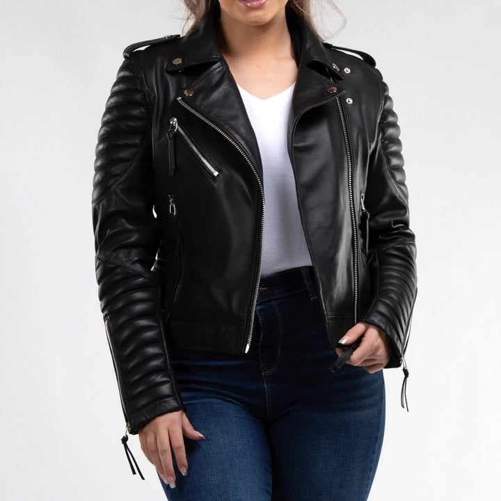 Women's Fashion Leather Biker Jacket with Quilted Details