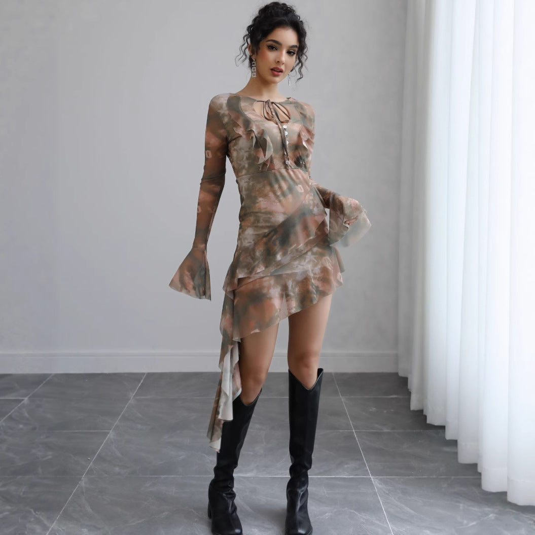 Women’s Asymmetrical Chiffon Mini Dress with Ruffles, Transparent Sleeves and Decorative Button Placket Mune Fashion
