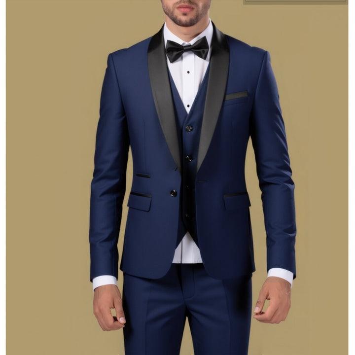 Men's Tailored Three-Piece Tuxedo with Shawl Collar and Satin Lapel Mune Fashion