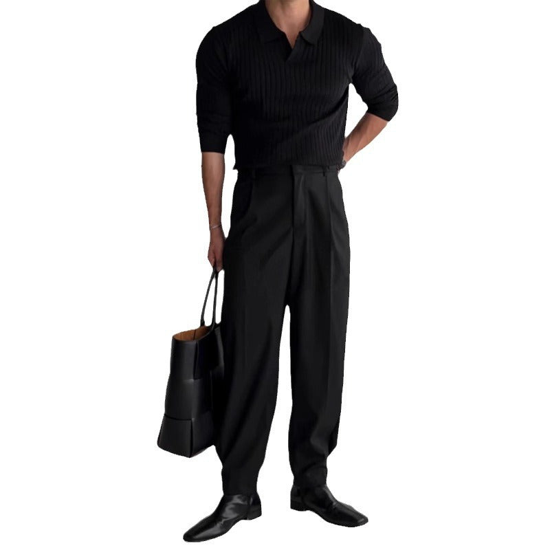 Men's fitted ribbed polo sweater with open V-neck and slim fit Mune Fashion