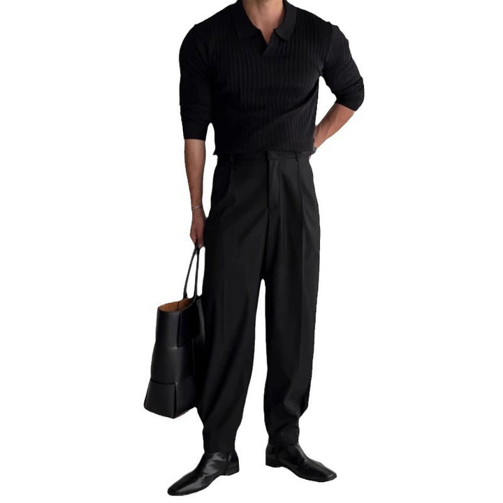 Men's fitted ribbed polo sweater with open V-neck and slim fit Mune Fashion