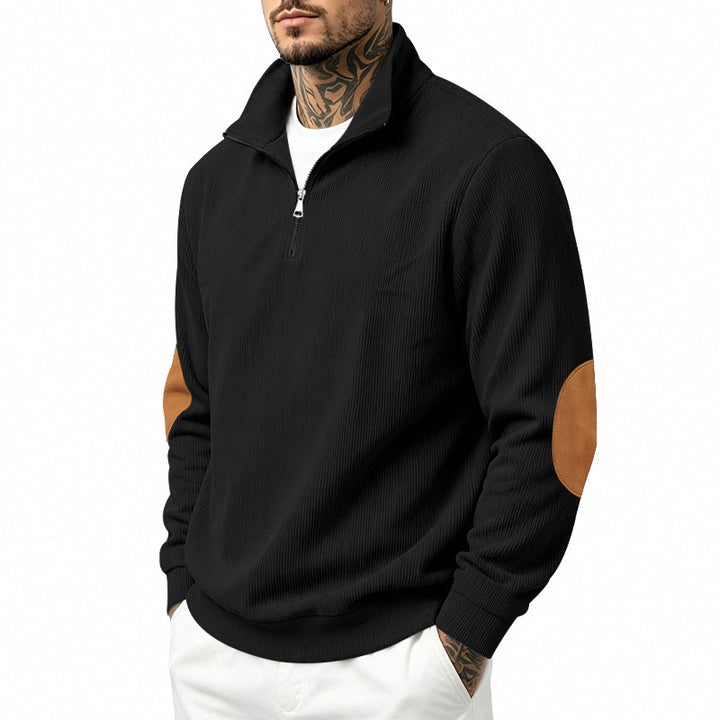 Men's fine knit half-zip sweater with cord structure and contrast elbow patches Mune Fashion
