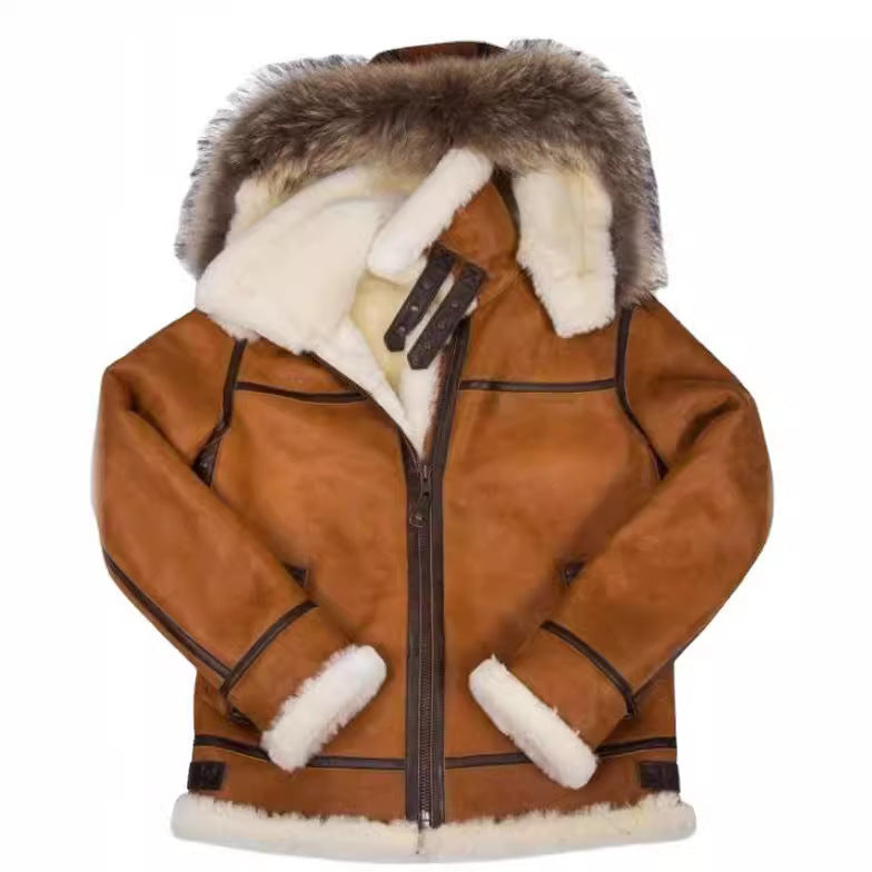 Men's shearling bomber jacket in aviator style with hood and contrasting leather trim Mune Fashion