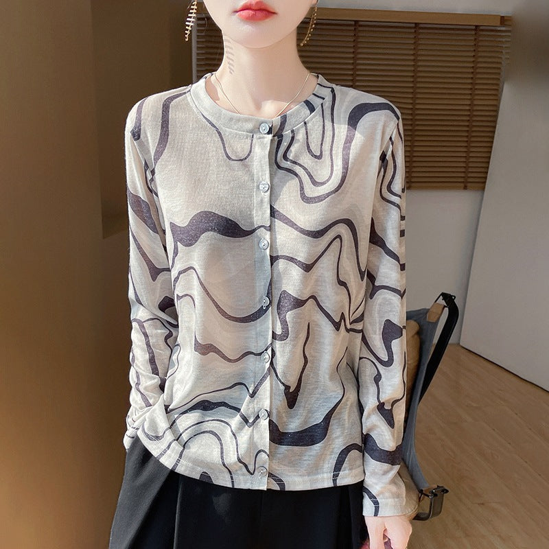 Ladies Lightweight Watercolor Print Fine Knit Cardigan with Round Neck and Button Placket Mune Fashion