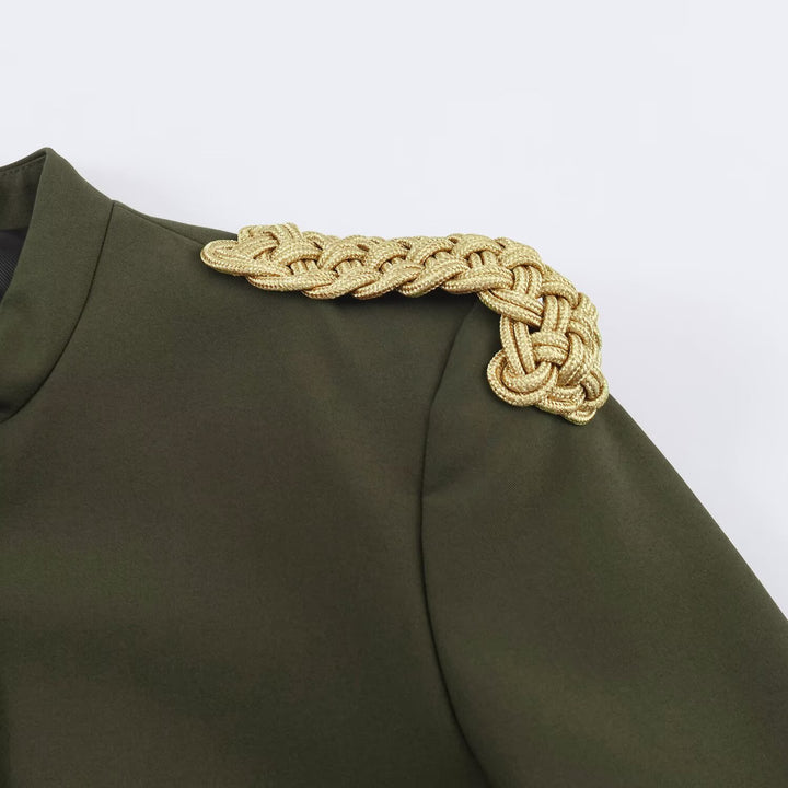 Women's Short Military Blazer with Stand Collar, Gold-Embellished Epaulettes and Decorative Knots Drune