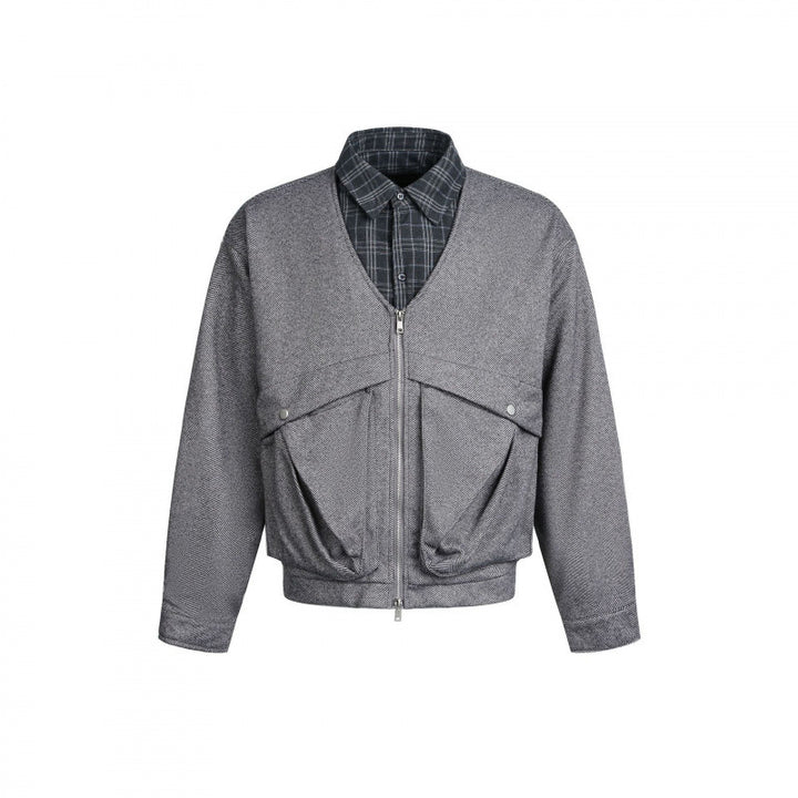 Men's short-cut utility bomber jacket with V-neck, patch pockets, and front zipper Mune Fashion