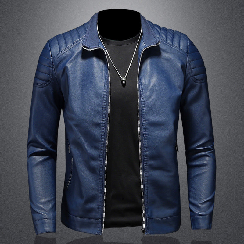 Men's Slim Faux Leather Blouson with Stand Collar and Quilted Shoulder Area Mune Fashion