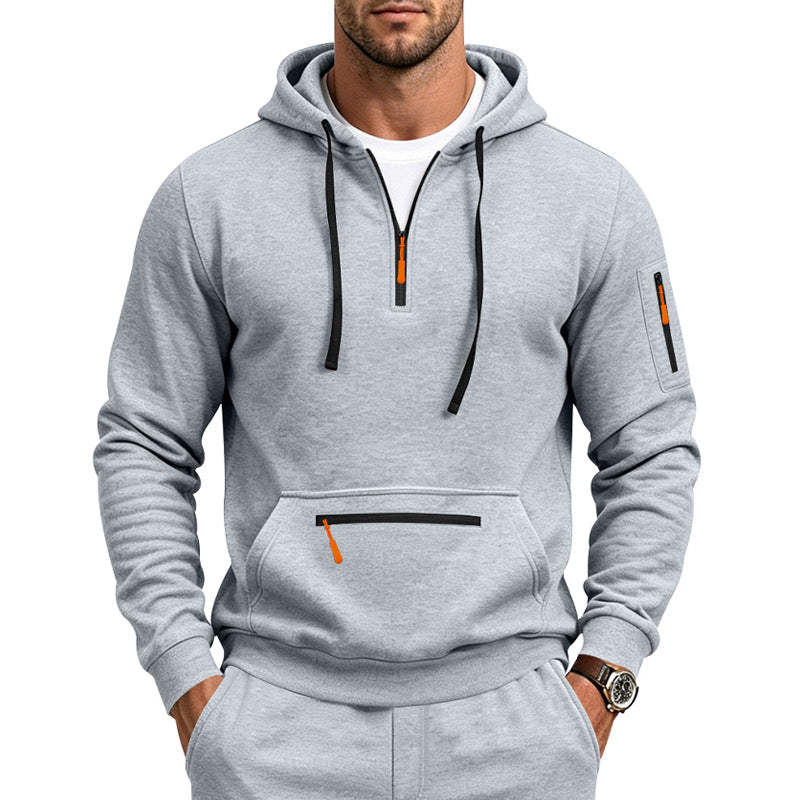 Men's Hooded Sweatshirt with Half-Zip, Kangaroo Pocket and Zipper Pockets Mune Fashion