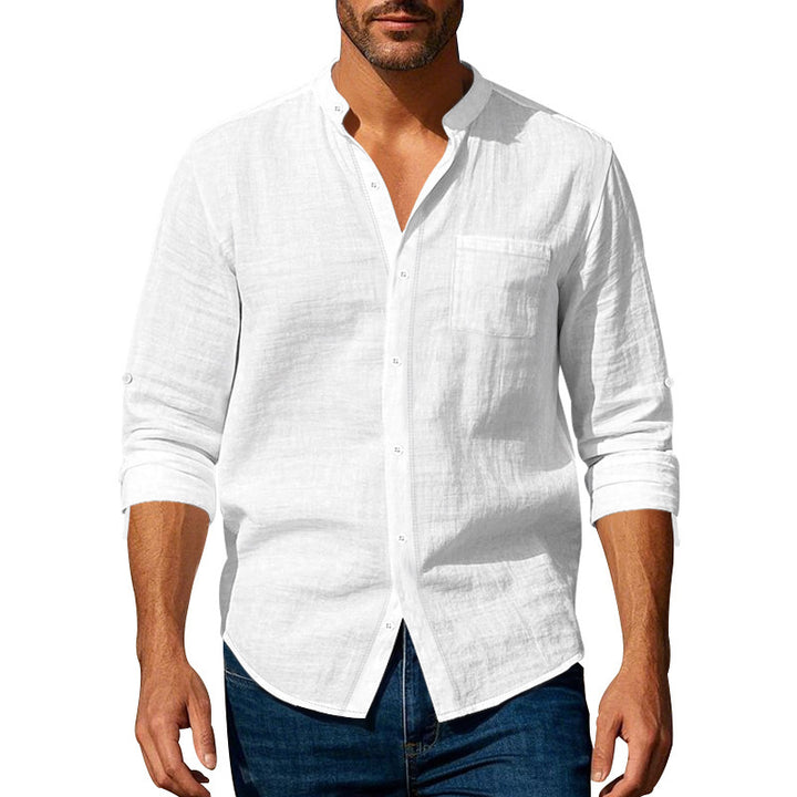 Men's Cotton Gauze Shirt with Stand Collar, Chest Pocket and Roll-Up Sleeves Mune Fashion