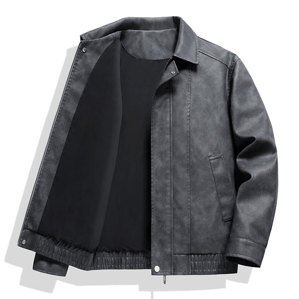 Men's Short Cut Faux Leather Jacket in Vintage Look with Shirt Collar & Full-Length Zipper Mune Fashion