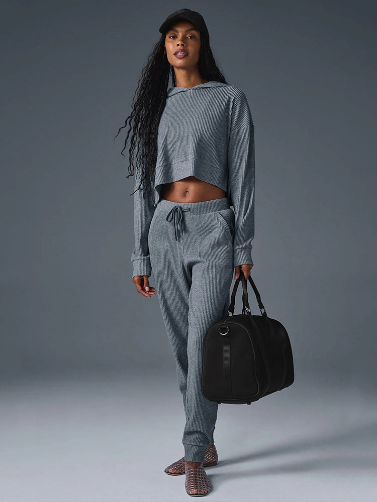 Women Ribbed High-Waist Lounge Pants with Drawstring and Cuffs Mune Fashion
