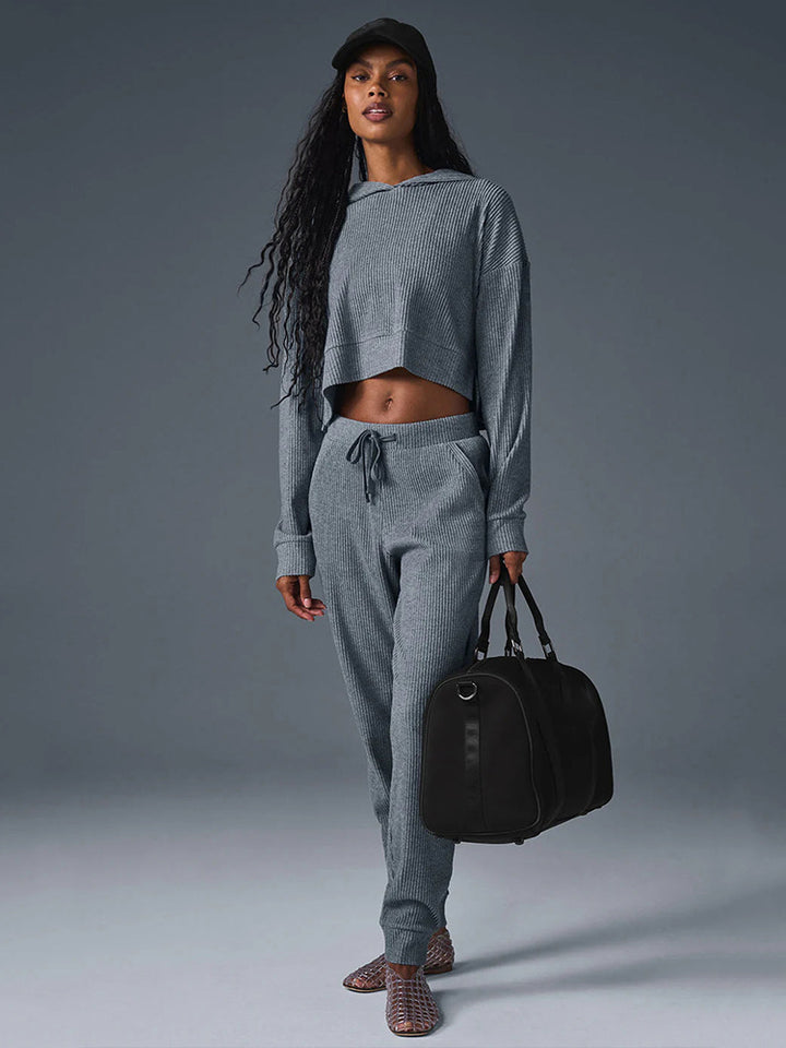 Women Ribbed High-Waist Lounge Pants with Drawstring and Cuffs Mune Fashion