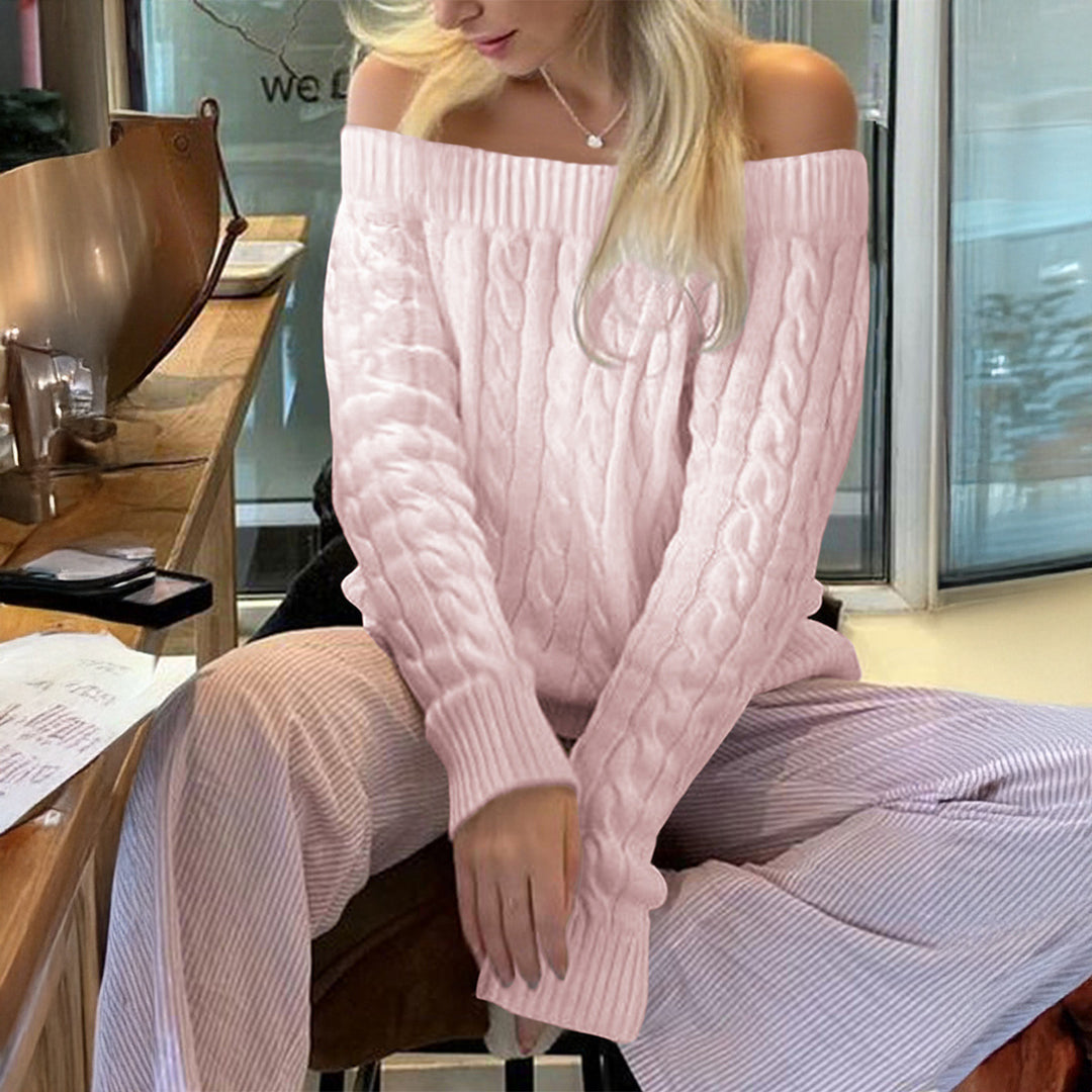 Women's oversized off-the-shoulder cable knit sweater with ribbed neckline and balloon sleeves Mune Fashion