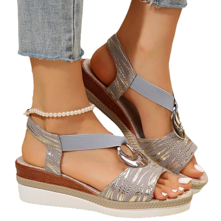 Ladies Platform Wedge Sandals with Elastic Strap, Embossed Metallic Look and Decorative Ring Mune Fashion