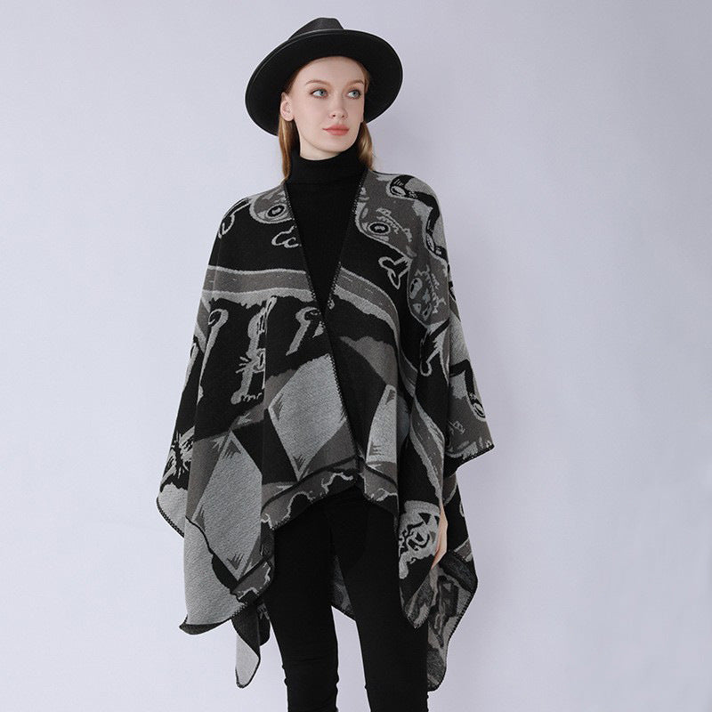 Women's Jacquard Cape Poncho with Musical Ornament and Rolled Edge Mune Fashion