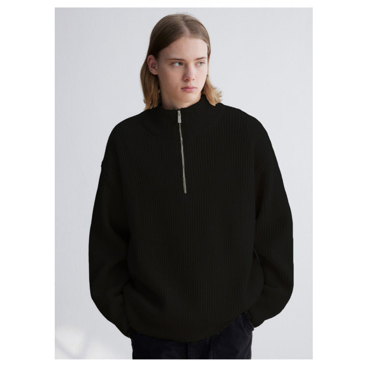 Men's Oversized Ribbed Half-Zip Sweater with Stand-Up Collar Mune Fashion